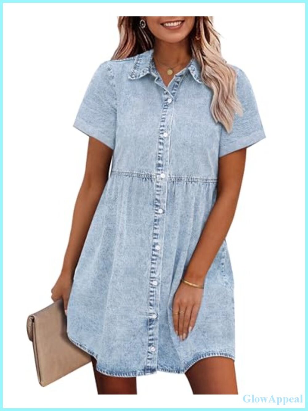 Babydoll Tiered Short Sleeve Button Down Denim Shirt Dress